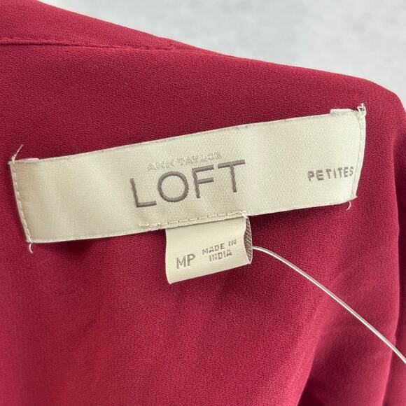 LOFT Blouse Women Medium Petite Red Tie Front Pleated Business Work School - Picture 7 of 8